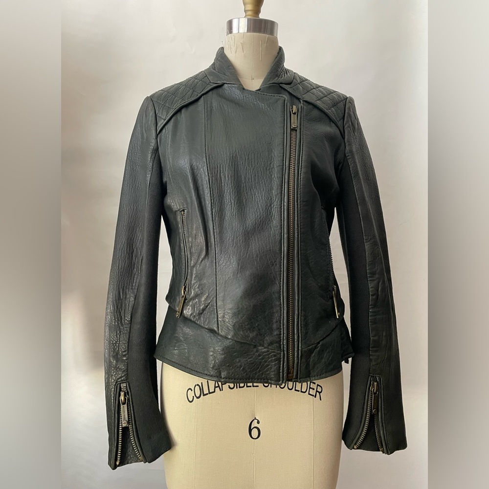 Michael Kors forest green leather Moto jacket